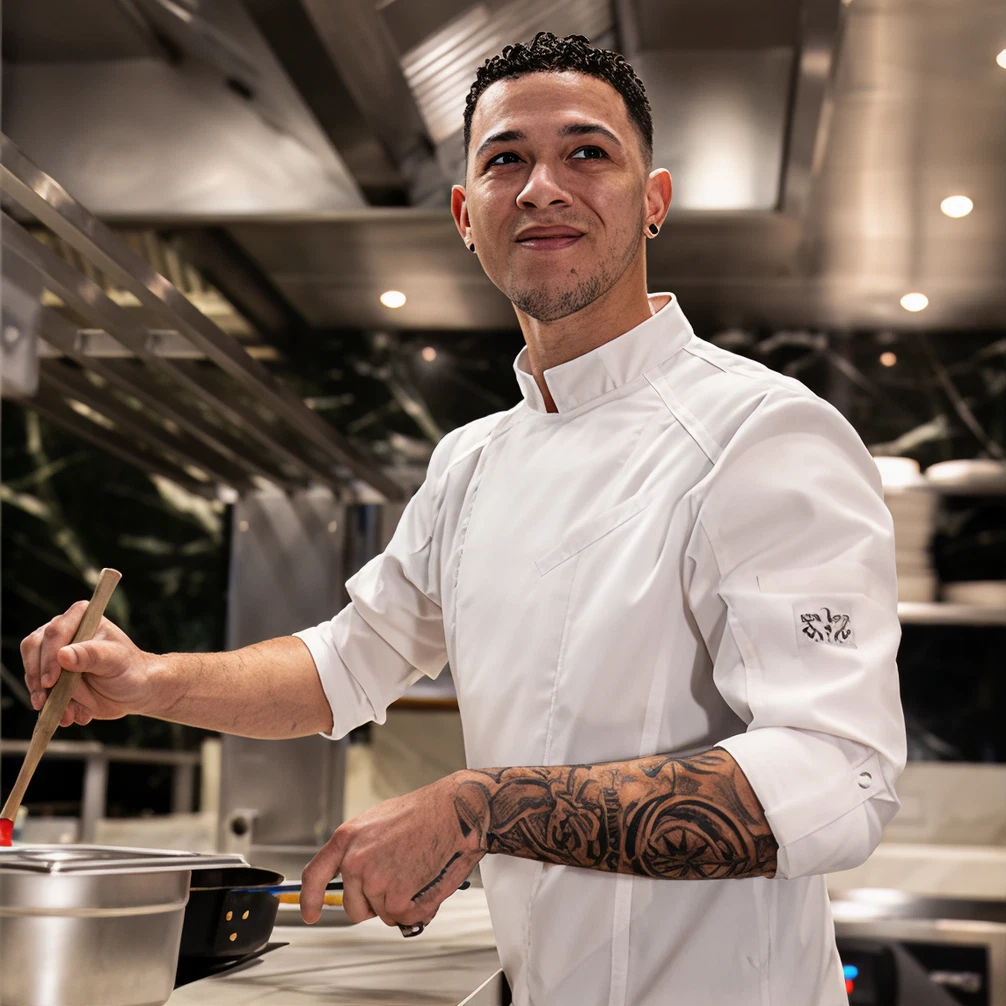 Chefkok aan het werk in de keuken met werkkleding geschikt voor de Horeca